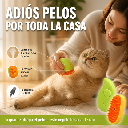 Cepillo a vapor para mascotas quitando pelo a un gato